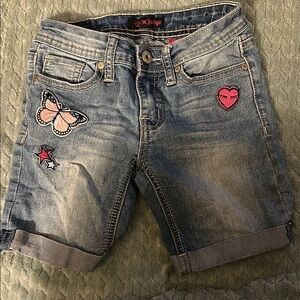 Love Indigo Denim Shorts with Butterfly and Heart Patches. Girls size 8